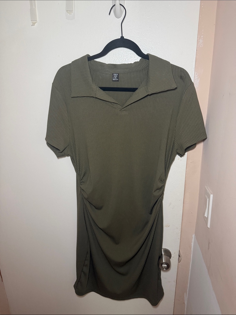 Olive Ribbed Short Sleeve Polo Dress